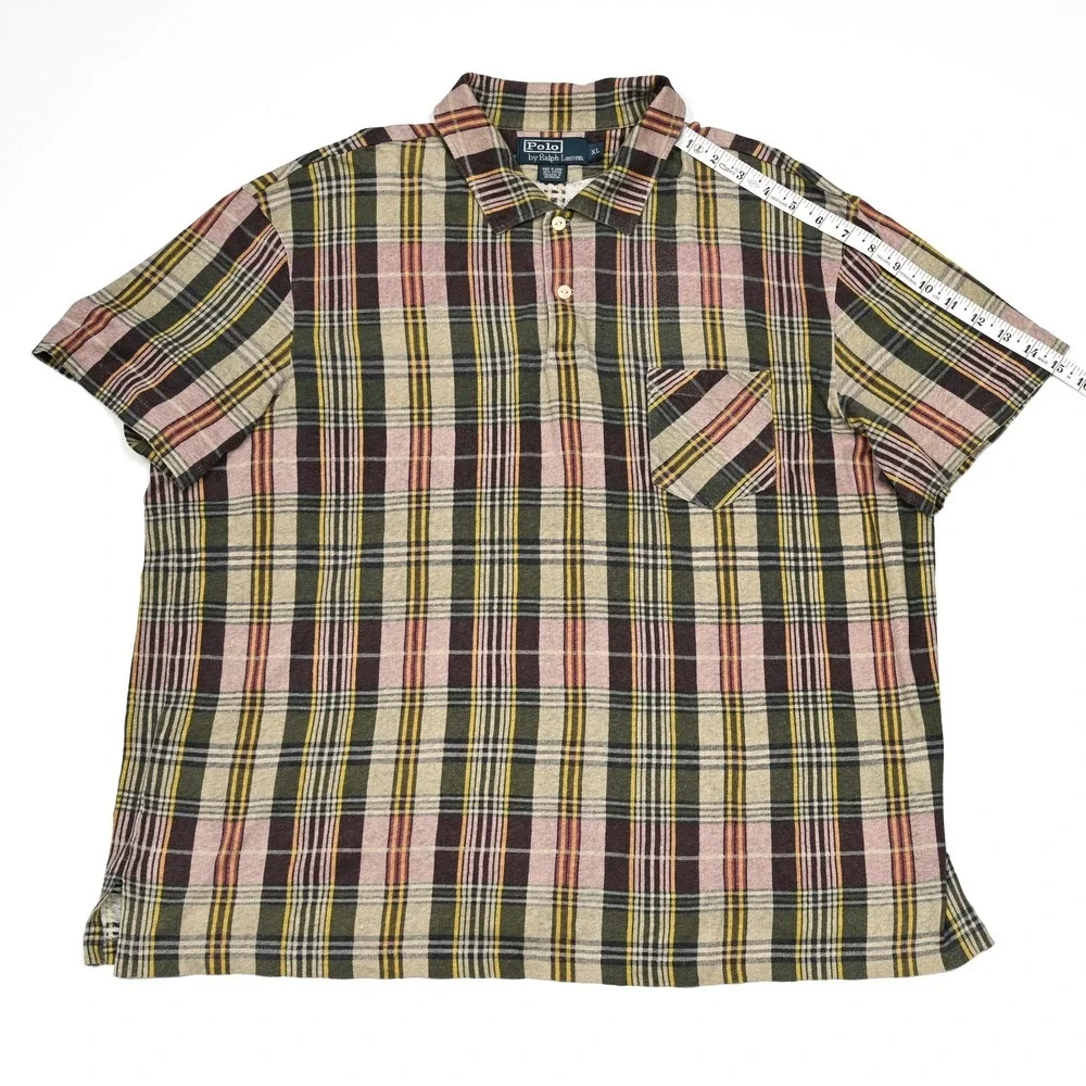 Polo Ralph Lauren Mens Window Plaid Cotton S/S Polo‎ Shirt Pocket Mens XL Preppy